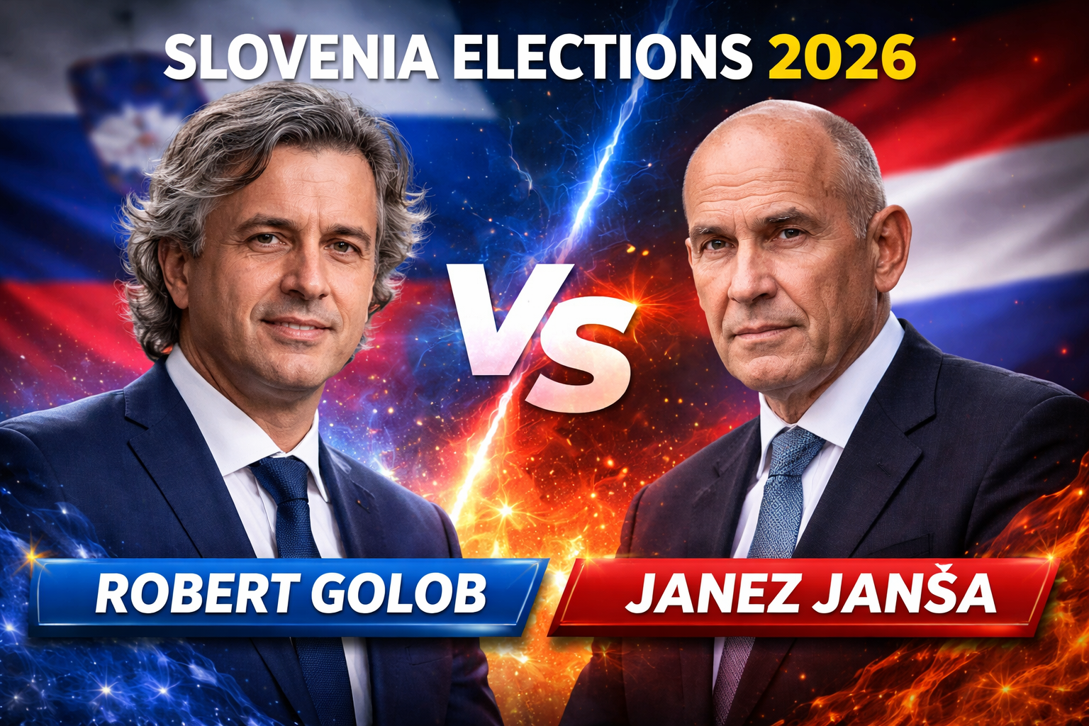 Two leading candidates in the Slovenia Elections 2026 debate, standing against each other, highlighting the political showdown