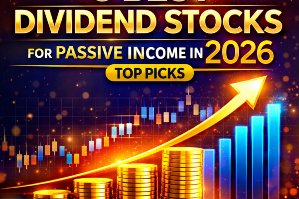 Featured image showing top 5 dividend stocks for 2026 with stock charts, dividend icons, and upward financial growth symbols for passive income strategies