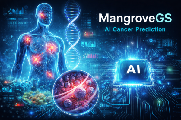 MangroveGS AI predicts cancer spread using gene expression and AI analysis, showing human body, DNA helix, and cancer cells