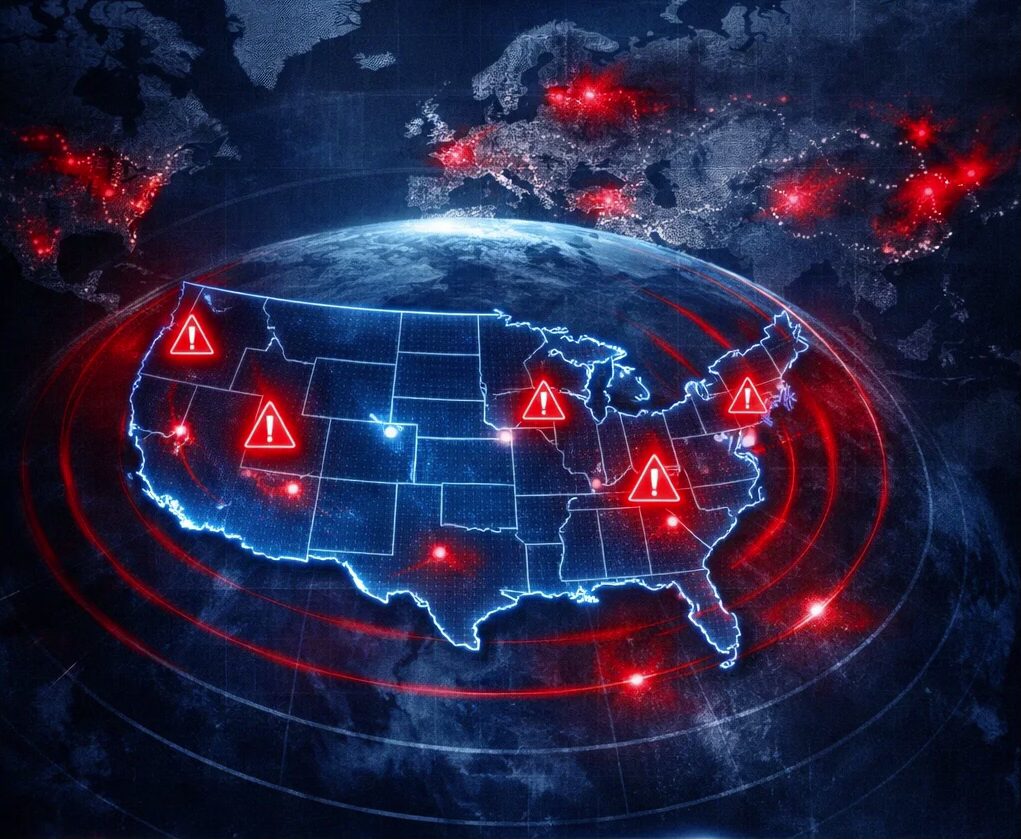 Map of the United States with red warning signals, global tension zones in background, headline text “Americans Told to Stay Alert Worldwide: What Isn’t Being Said?”, representing a U.S. global security alert.