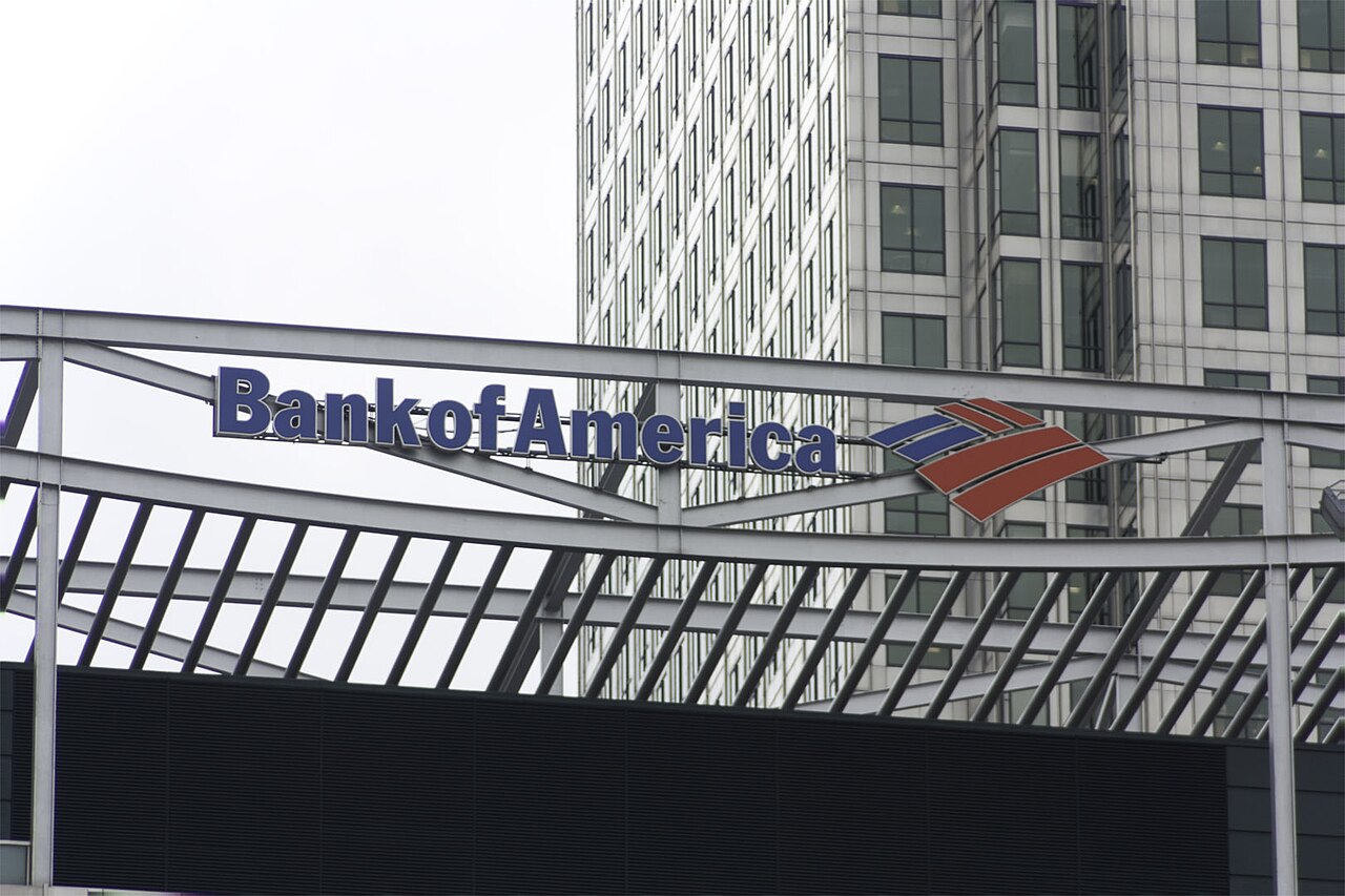 Close-up of Bank of America logo on a building exterior, representing the financial institution involved in the $72.5 million settlement with Jeffrey Epstein victims.