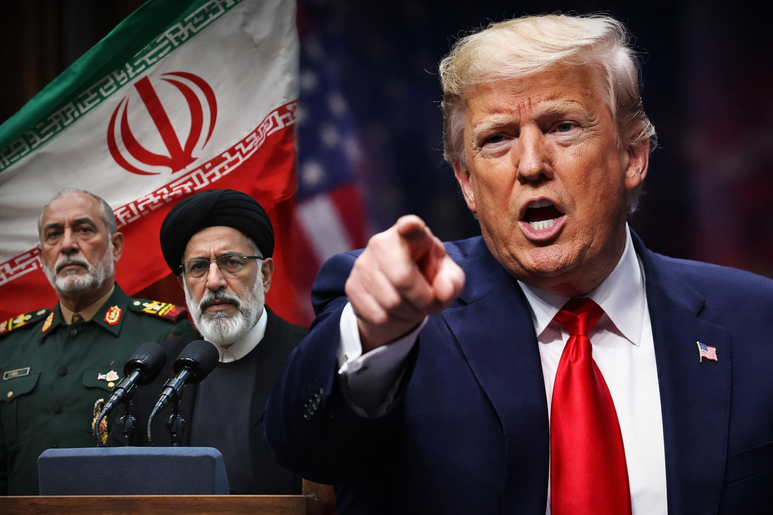 Photo showing President Donald Trump on the right and Iranian officials on the left, representing Iran saying Trump is Lying in March 2026. Use for news articles covering Trump, Iran, and Middle East politics.