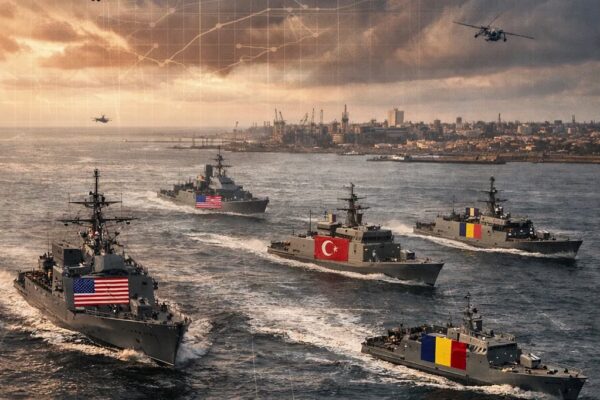 NATO naval ships in formation during Sea Shield 2026 in the Black Sea near Romania, with helicopters overhead and flags of participating countries.