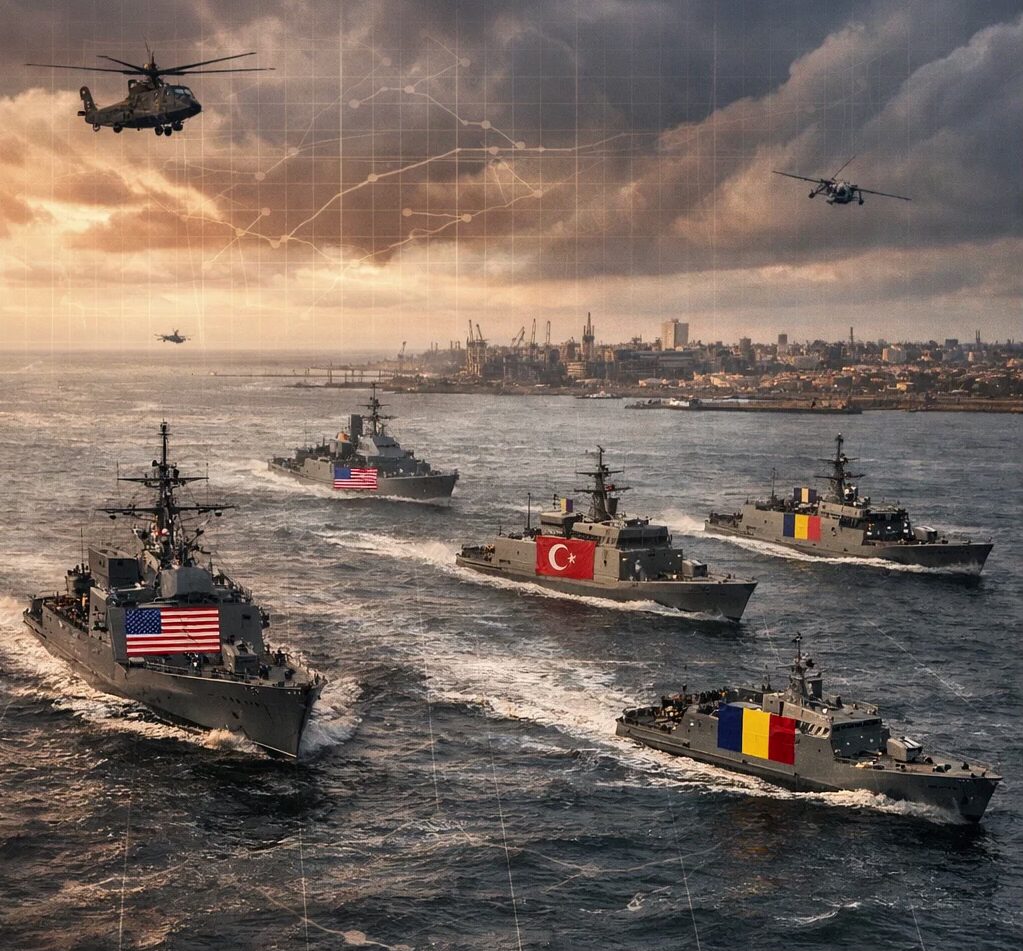 NATO naval ships in formation during Sea Shield 2026 in the Black Sea near Romania, with helicopters overhead and flags of participating countries.