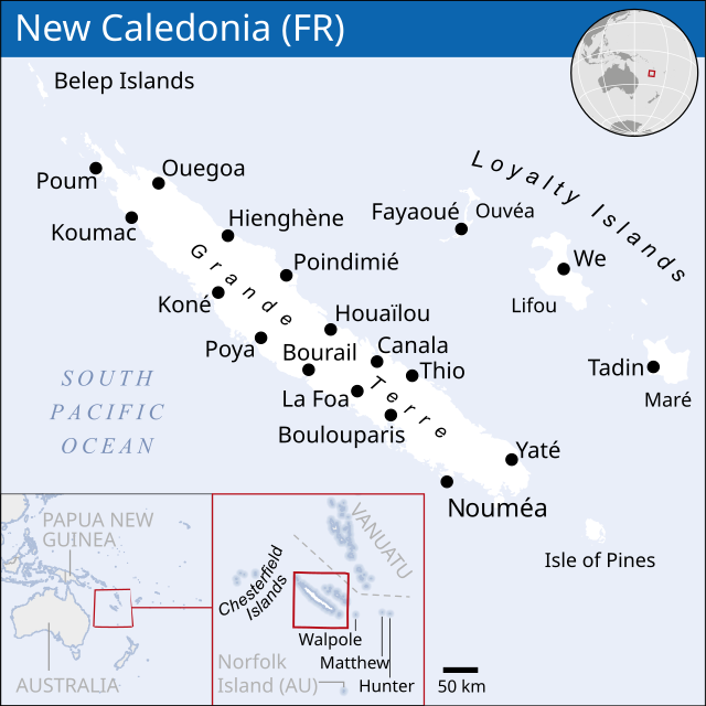 New Caledonia map, part of France superpower.