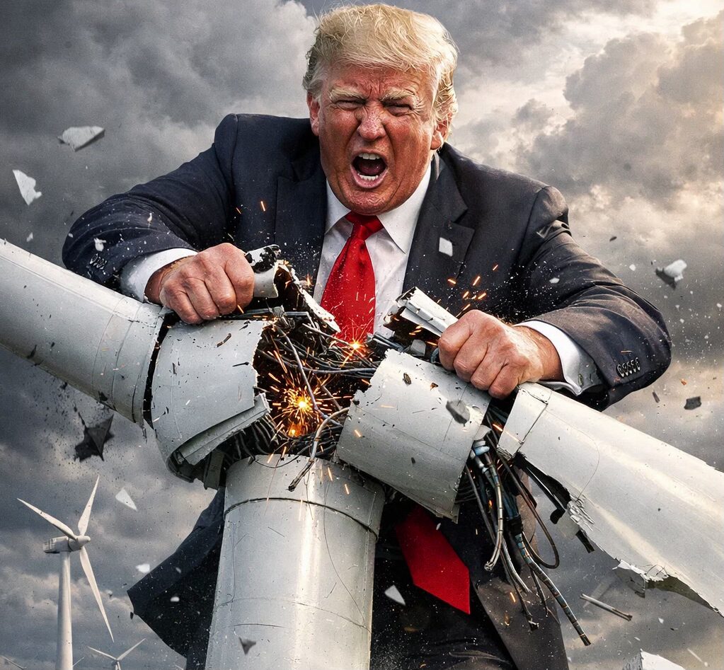 Former President Donald Trump breaking a large offshore wind turbine, symbolizing the cancellation of U.S. wind energy projects.