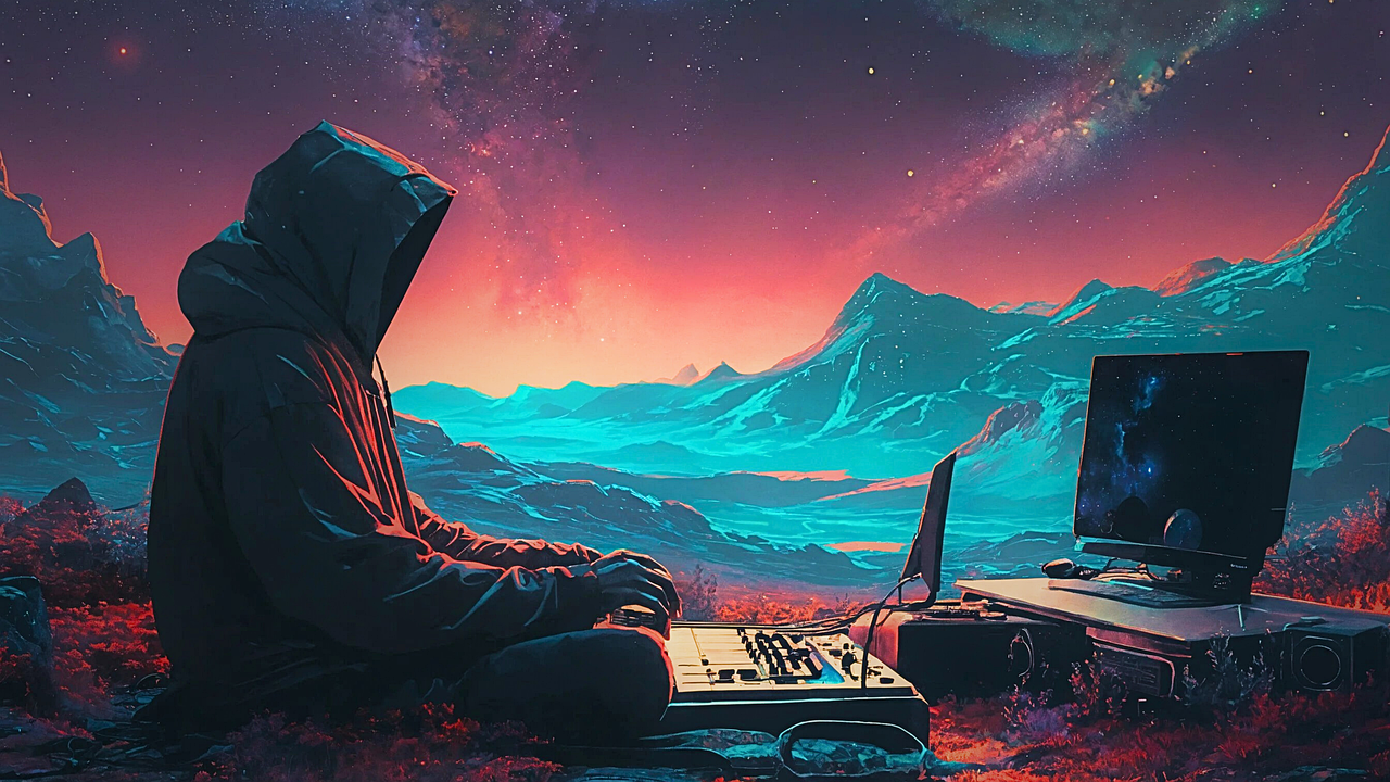 AI-generated music scam concept showing digital music notes, streaming platforms, and computer code representing fraudulent streams.