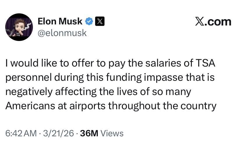 Elon Musk offers to pay himself salaries of TSA.