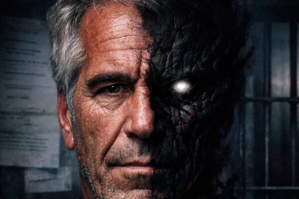 Hyper-realistic editorial illustration of Jeffrey Epstein with a shadowy, symbolic monster-like face, dramatic lighting, and blurred background of documents and prison bars.