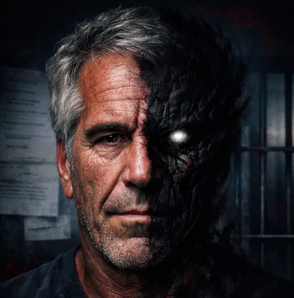 Hyper-realistic editorial illustration of Jeffrey Epstein with a shadowy, symbolic monster-like face, dramatic lighting, and blurred background of documents and prison bars.