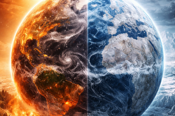 Realistic split Earth showing global warming on the left with fires, heat, and storms, and ice age conditions on the right with glaciers and snow-covered continents.