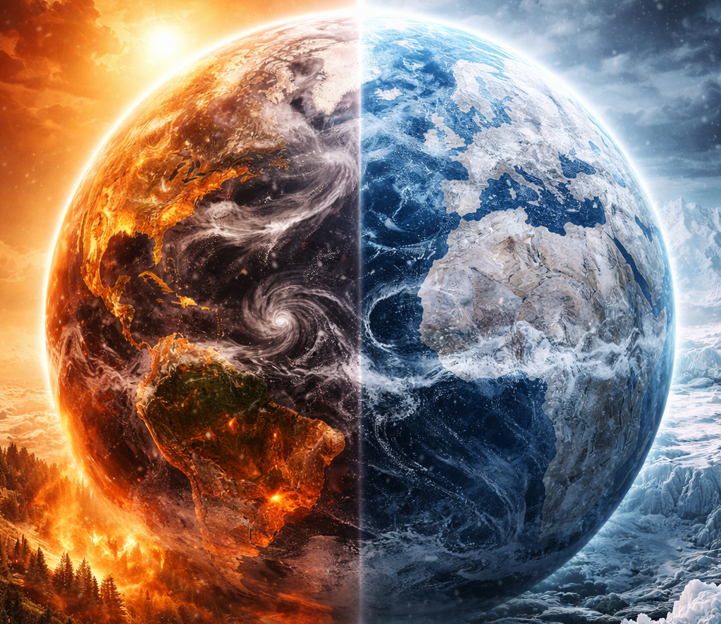 Realistic split Earth showing global warming on the left with fires, heat, and storms, and ice age conditions on the right with glaciers and snow-covered continents.