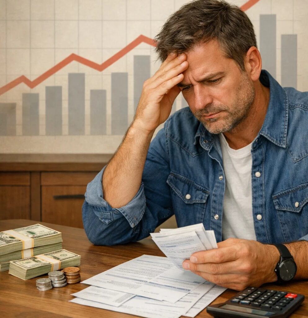 Person reviewing bills and money illustrating how inflation affects personal finances “Person reviewing bills and money illustrating how inflation affects personal finances”