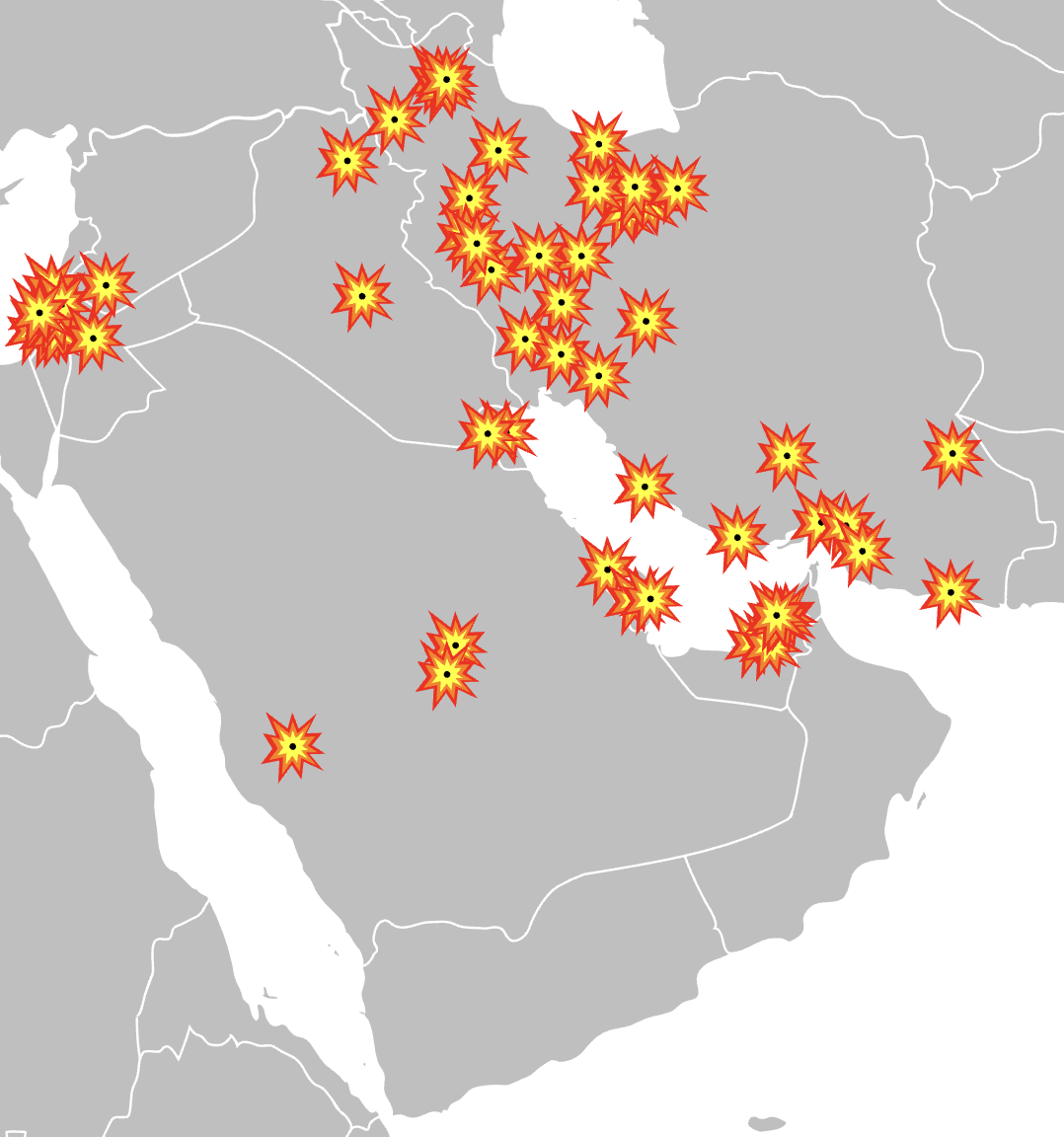 Map of Middle East strikes during the 2026 Iran Israel war with U.S. involvement