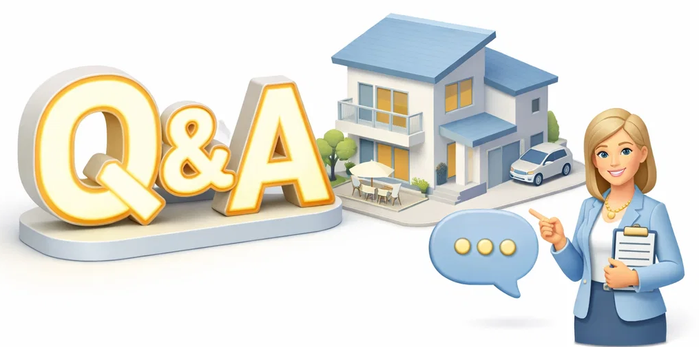 Graphic representation of Frequently Asked Questions about first-time home buying in 2026, featuring icons of a modern house, a Q&A sign and mortgage interest rates.