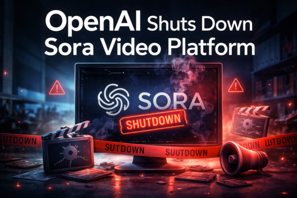 Professional digital illustration showing OpenAI Sora video platform shutting down, with AI interface, fading video icons, and cinematic tech environment