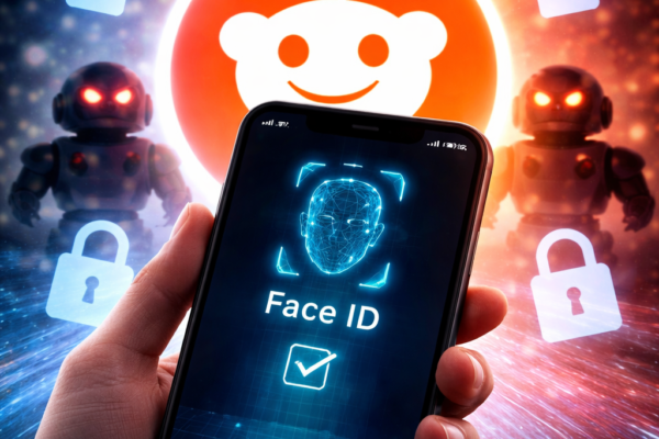Protesters outside Reddit headquarters holding signs against Face ID verification, showing anger and concern for privacy, with diverse community members expressing strong reactions.