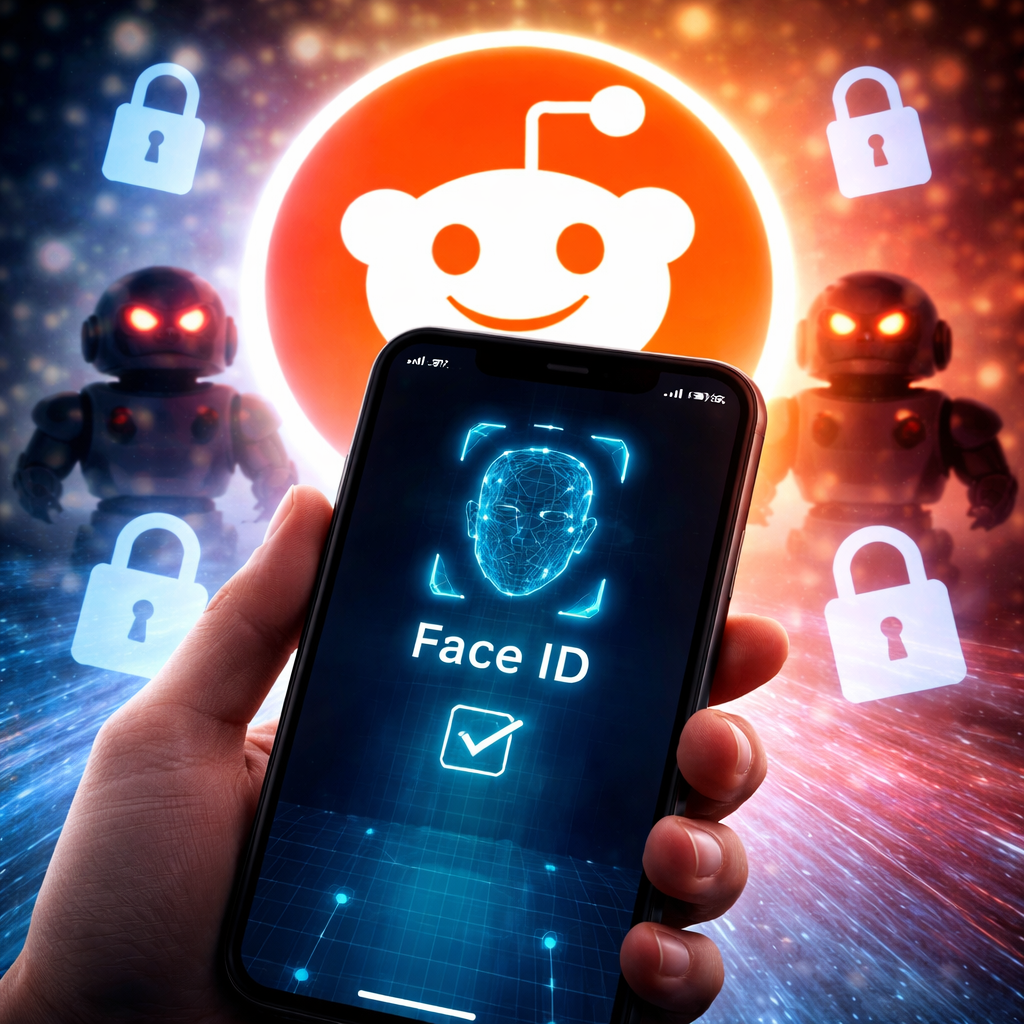 Protesters outside Reddit headquarters holding signs against Face ID verification, showing anger and concern for privacy, with diverse community members expressing strong reactions.