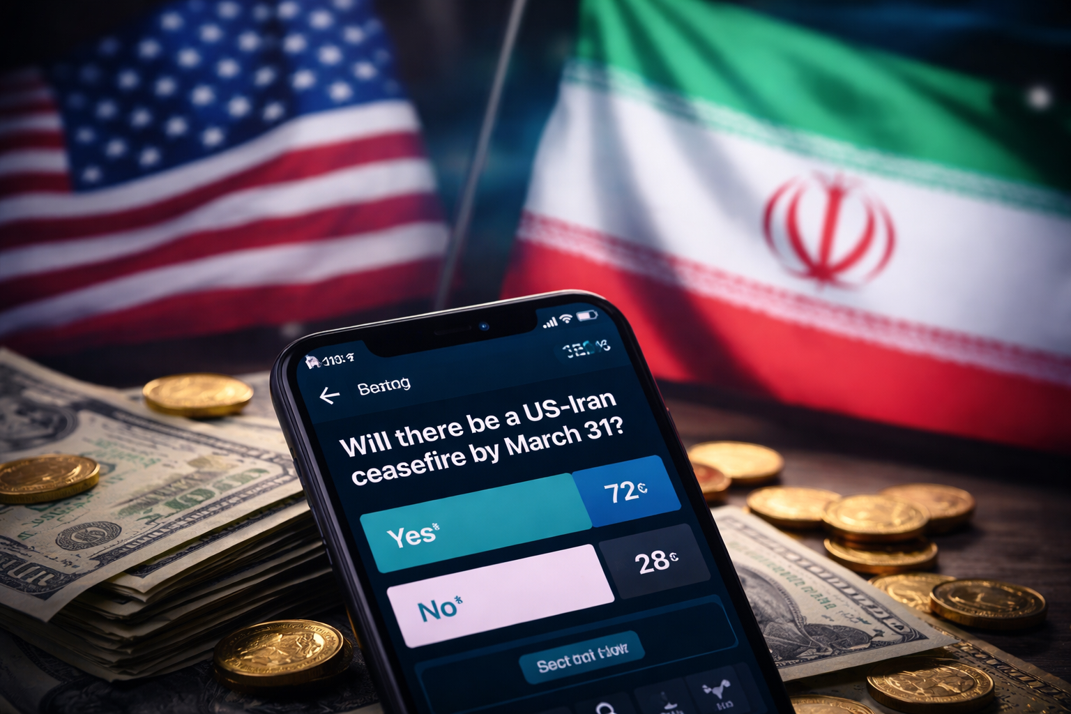A modern, professional digital artwork representing geopolitical tension and financial speculation. The image features a sleek, abstract representation of a global map with digital data streams, stock market graphs, and subtle glowing indicators of betting or predictions. Hints of US and Iran flags are integrated into the background in a minimalist, symbolic way. The composition conveys risk, insider information, and high-stakes decision-making without any text overlay. Ideal for illustrating articles on prediction markets, insider trading, and international relations.