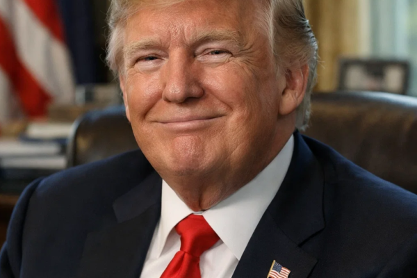 President Donald Trump smiling with a satisfied expression in an office setting with the American flag in the background, wearing a dark suit, red tie, and white shirt.