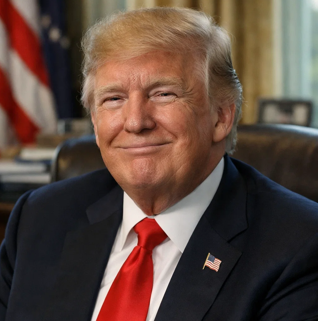 President Donald Trump smiling with a satisfied expression in an office setting with the American flag in the background, wearing a dark suit, red tie, and white shirt.