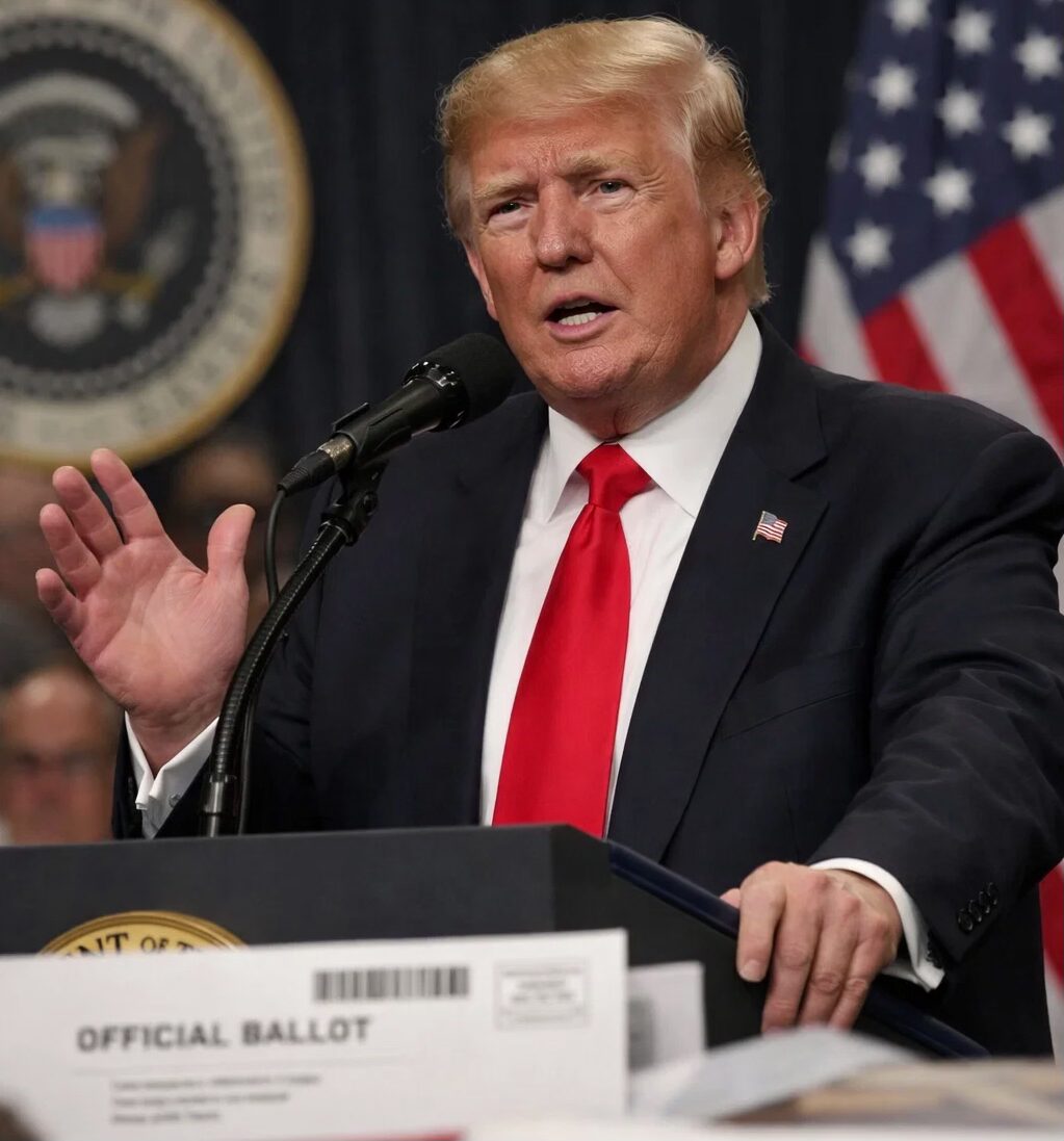 President Donald Trump speaks at a podium, highlighting his criticism of mail-in voting just days after casting a mail-in ballot, as reported by The Guardian.