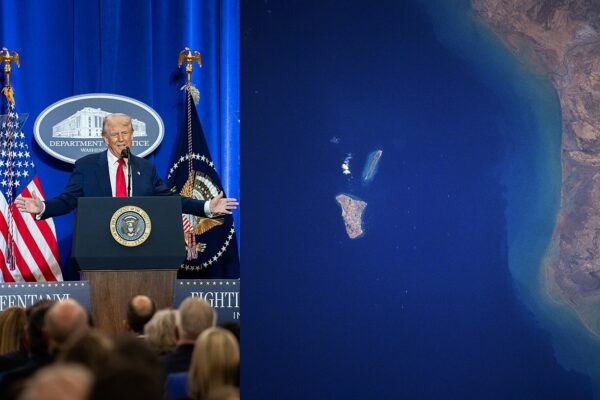 Donald Trump speaking and satellite view of Kharg Island oil terminal in Iran
