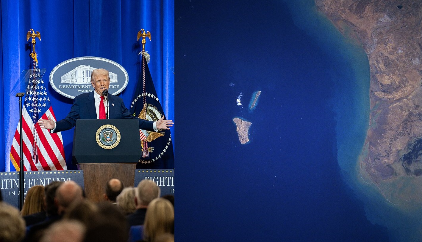 Donald Trump speaking and satellite view of Kharg Island oil terminal in Iran