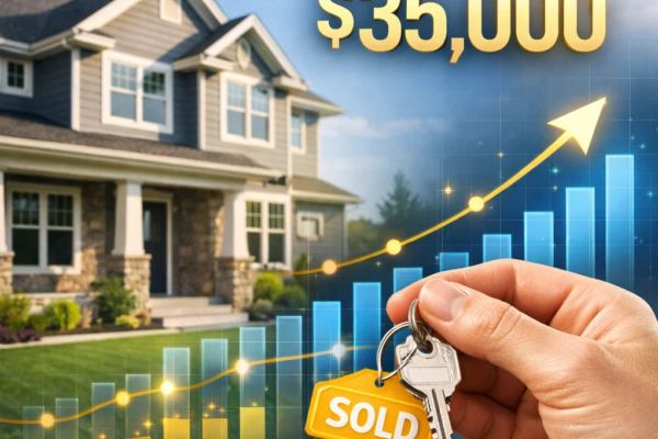 Man holding house keys in front of a modern suburban home with digital overlays showing a $35,000 grant and rising financial charts.