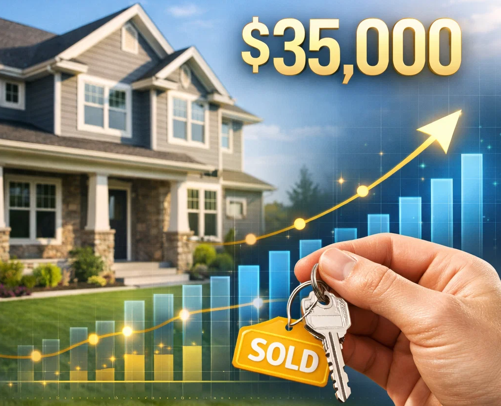 Man holding house keys in front of a modern suburban home with digital overlays showing a $35,000 grant and rising financial charts.