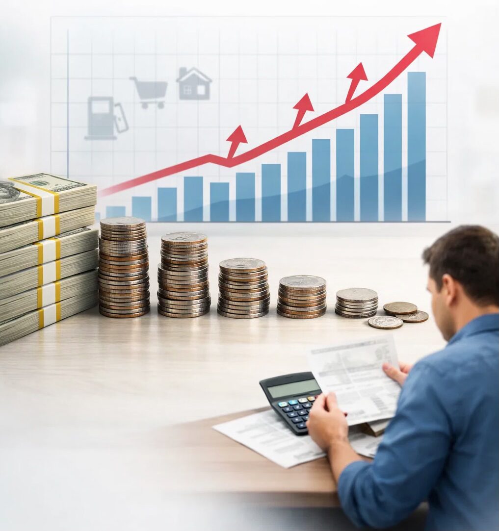 What is inflation and how it affects your money – visual of money, coins, and rising prices graph