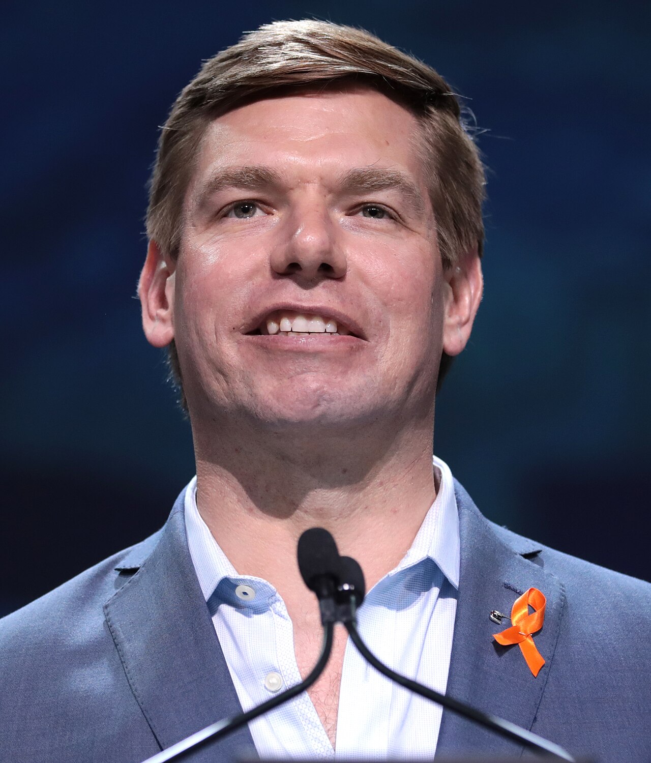 Eric Swalwell speaking during a public appearance amid sexual assault allegations affecting California governor race