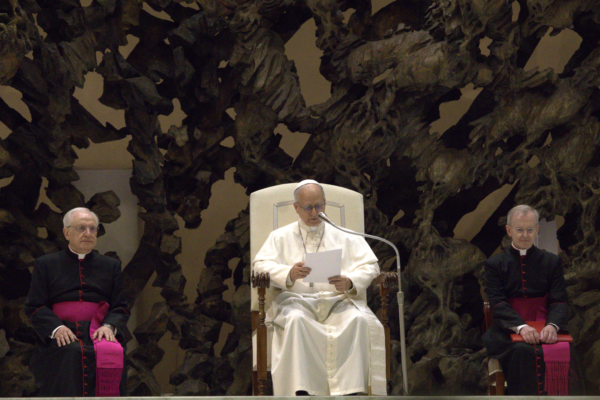 Pope Leo XIV addressing a congregation, pope calling for peace