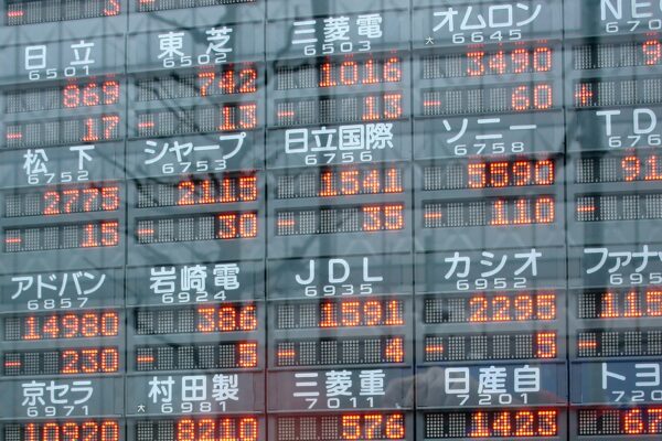 asian stock markets electronic board showing major indexes in red, reflecting sharp losses after geopolitical tensions.