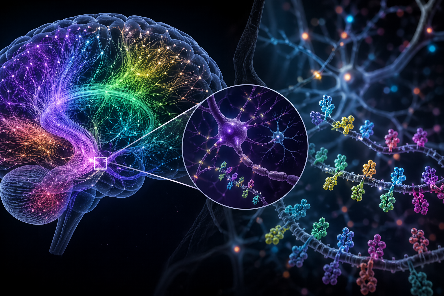 Futuristic scientific illustration of a human brain with glowing neural pathways and RNA barcode-style molecular signals representing advanced brain mapping and hidden neural wiring research | bdesk.news