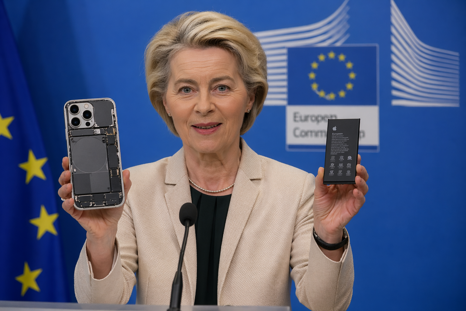 Ursula von der Leyen holding smartphone representing replaceable phone batteries concept EU law 2027 bdesk.news