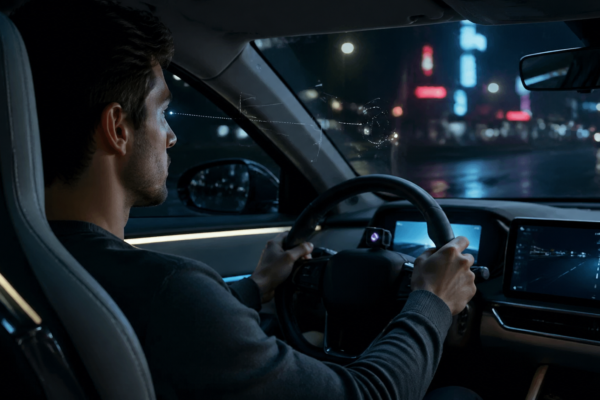 Interior of a futuristic 2027 electric car showing AI driver monitoring surveillance technology with infrared camera and eye-tracking system inside a modern digital dashboard at night, representing federal surveillance tech mandate in new cars | bdesk.news