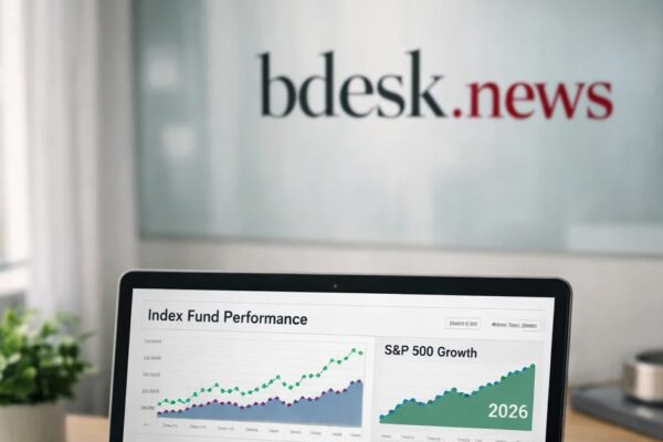 Beginner investing in index funds in 2026 with laptop showing ETF and S&P 500 growth charts, bdesk.news financial guide