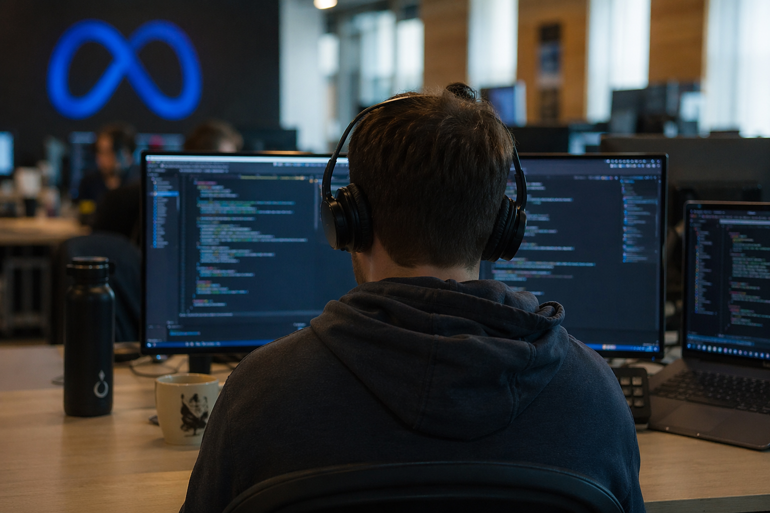 bdesk.news feature image showing a tech employee working at multiple computer screens inside a modern office as Meta faces controversy over reports employees are being forced to help train artificial intelligence systems