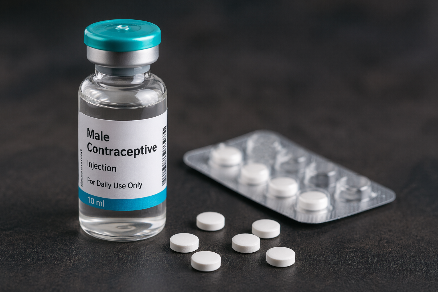 Realistic medical-style image illustrating reversible male contraception research concept with pills and injection vial representing hormone-free birth control development, bdesk.news