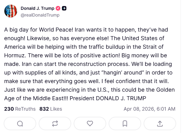Donald Trump announcing 2 weeks pause of war with Iran on his social newtork, truth.