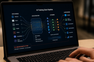 AI training data extraction displayed on a laptop screen showing how online content, articles, images, and creator work are collected to train artificial intelligence systems | bdesk.news