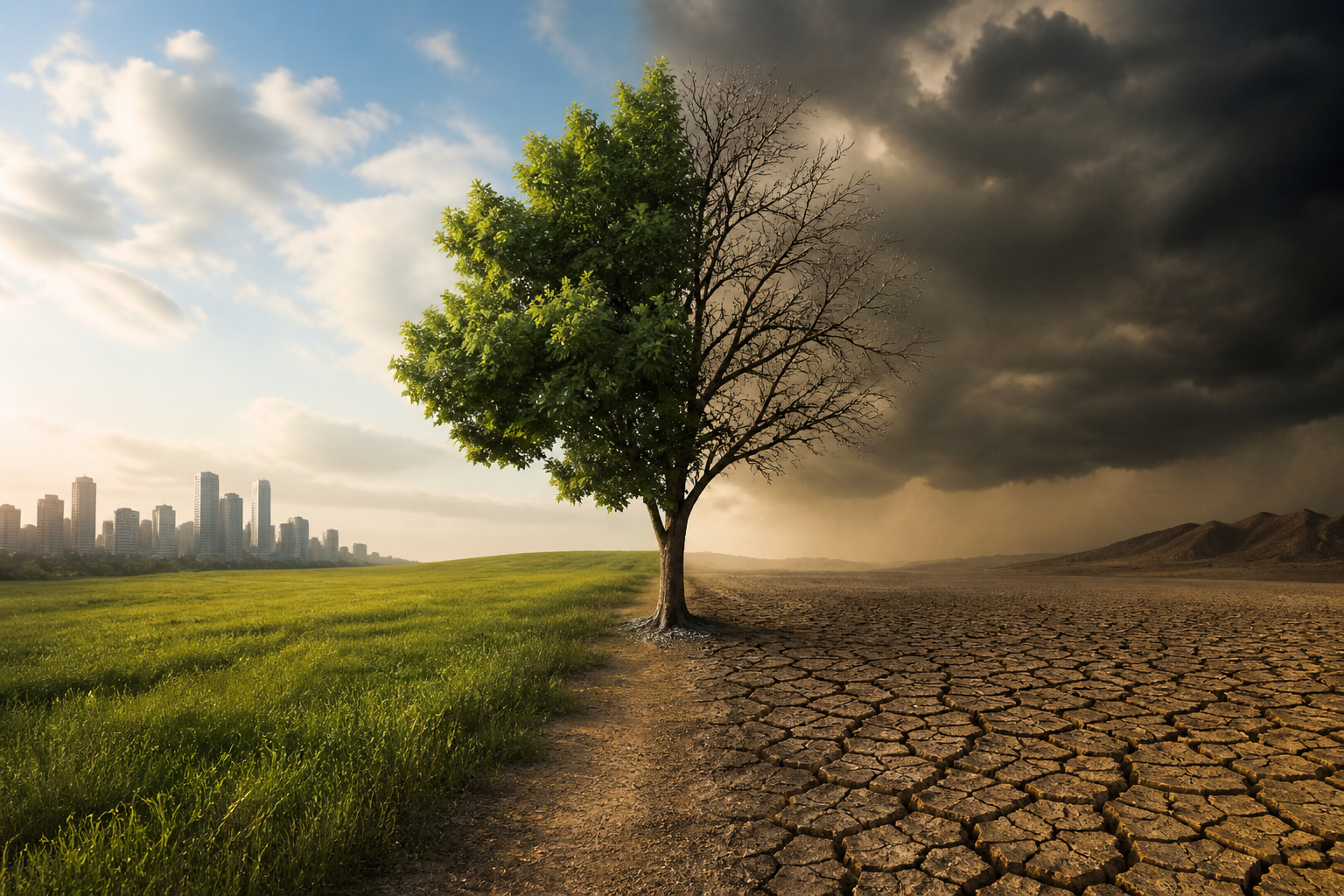 Climate change illustration showing a divided landscape with extreme drought and healthy nature under contrasting skies | bdesk.news